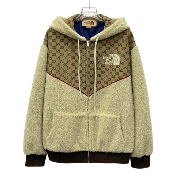 Gucci x The North Face Brown logo jacquard hooded drawstring shearling jacket - Picture 1 of 8